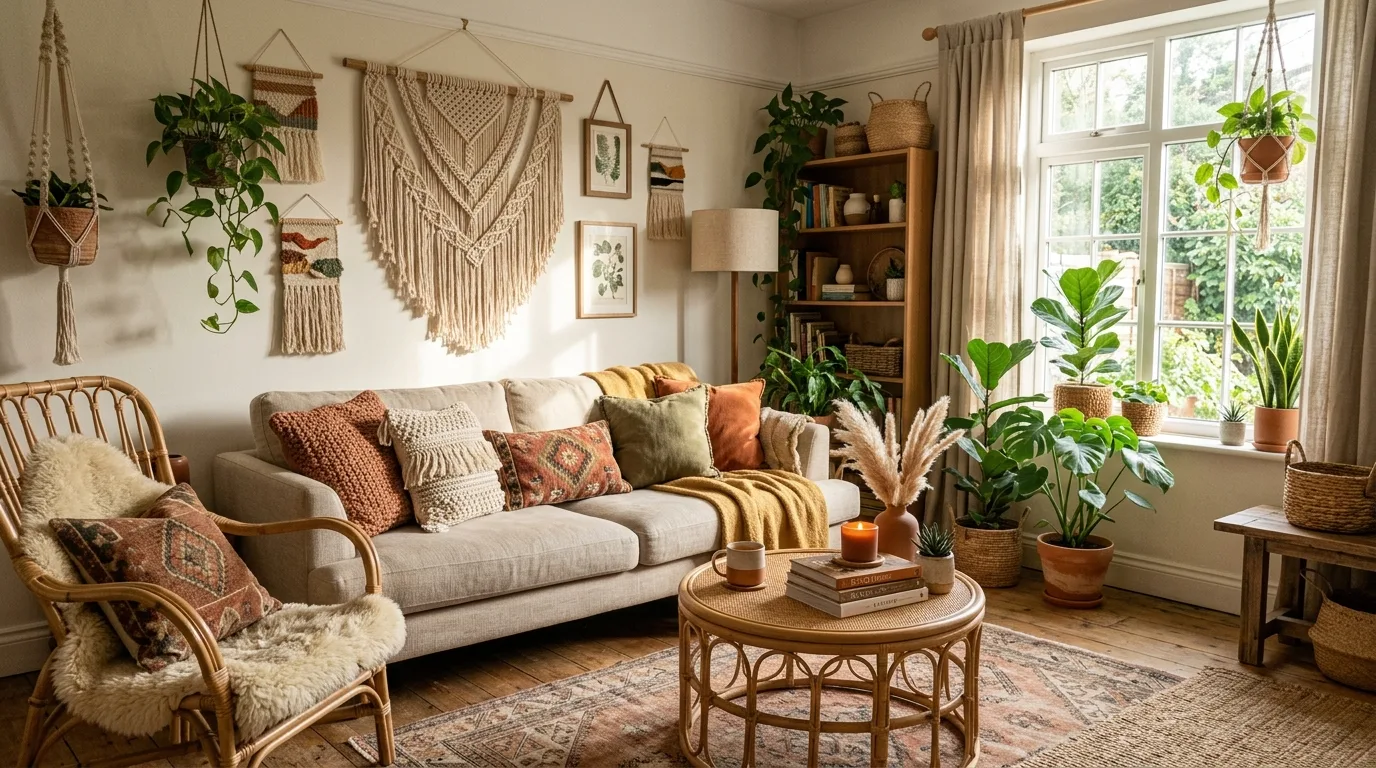 Boho cozy living room with macrame wall hangings, rattan furniture, earthy tones, and plants